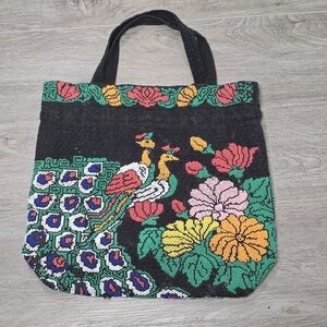 Vintage 70's Beaded Peacock Purse Bag BoHo Hippie Mod Tote